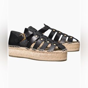 Tory Burch Black Leather Fisherman Espadrilles